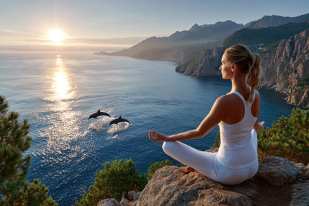 A serene yoga practitioner on a cliff overlooking the ocean, embodying peace and tranquility, shot at sunrise, using a telephoto lens, with a playful dolphin jumping in the background, ultrarealistic photo --ar 3:2 --raw --profile nk3i4wf --stylize 250 --v 7 Job ID: 7cbcabc9-cd97-4aac-849e-1bc4f4250036の素材