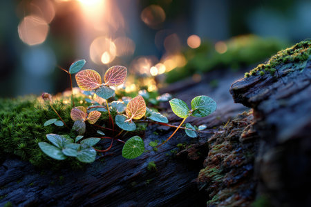 Delicate green leaves glow as sunlight filters through a forest, casting soft reflections on moss.の素材