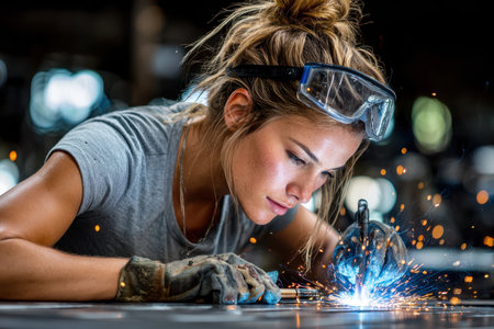 A woman wearing safety gear welds metal in a workshopの写真素材