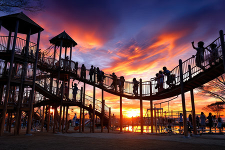 Children's silhouettes play on a playground structure against a vibrant sunset skyの素材