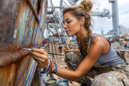 A woman is carefully painting a colorful design on a rusty boat in a vibrant harbor surrounded by tall cranes and water.の素材