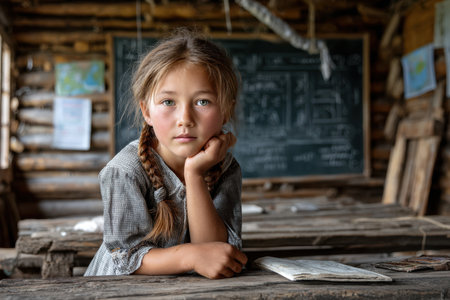 A girl rests her chin on her hand, thoughtfully gazing at the viewer in a rustic classroom with wooden furniture.の素材