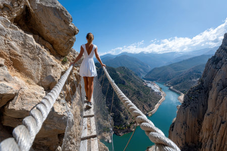 A woman in a white dress balances on a suspension bridge with breathtaking views of a river and mountains.の写真素材