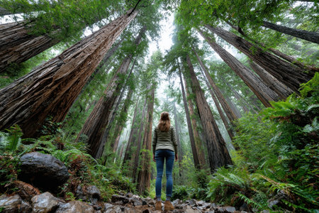 A person stands surrounded by majestic redwood trees in a serene, misty forest.の素材