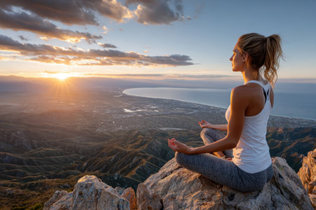 A woman meditates on a mountaintop overlooking a scenic valley at sunsetの写真素材