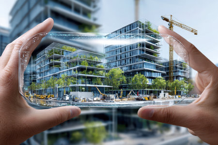 Hands hold a transparent device showing a futuristic urban development with green elements and cranes.の素材