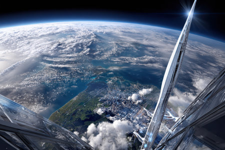 A breathtaking view reveals Earth from a futuristic tower's observation deck, showcasing blue oceans and clouds.の素材