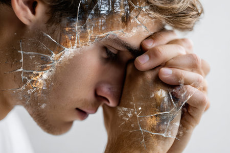 A young man with a pensive expression presses his forehead against his clasped hands, deep in thought about nature.の素材