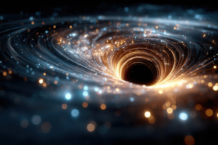 An intricate dance of light and matter occurs around a black hole, showcasing cosmic energy and mystery.の素材