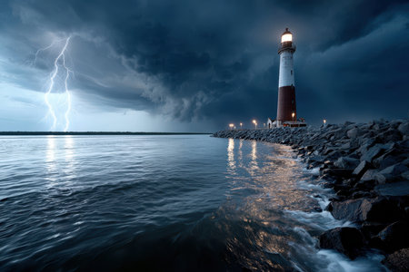 A lighthouse stands tall against a dark stormy sky as lightning illuminates the evening, creating a striking atmosphere.の素材