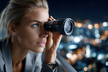 A woman with blonde hair looks through binoculars at the city lights, enjoying a nighttime view.の素材