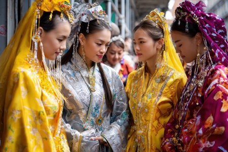 Four women dressed in colorful traditional garments engage in conversation at a lively cultural festival.の素材