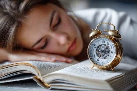 A young woman rests her head on an open book as a vintage clock ticks by, capturing a serene morning.の素材