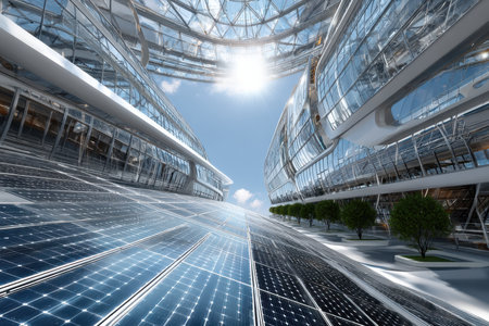 Sunlight illuminates a futuristic urban landscape with sleek glass buildings and solar panels integrated into design.の素材