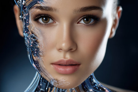 Close-up view of a humanoid face blending human and robotic elements, showing intricate designs.の素材