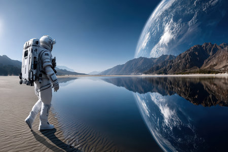 An astronaut walks along a serene shoreline, with a clear blue sky and a large planet reflected in the water.の素材