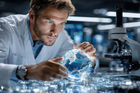A scientist in a lab coat closely studies a luminous globe, surrounded by advanced equipment and research tools.の素材