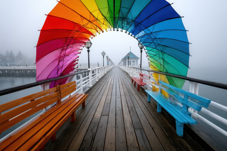 A vibrant rainbow umbrella arch brightens a pier as fog envelops the scene, inviting visitors to explore.の素材
