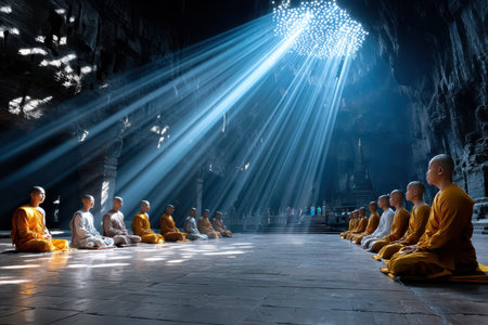 A group of monks meditating in a serene temple at dawn, shot in a cinematic style with a 50mm lens, with a sudden ray of sunlight illuminating the sceneの素材