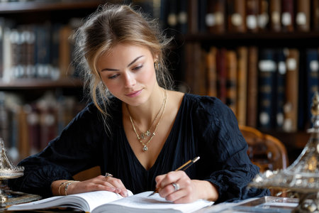 A young woman reviews a book in a cozy library, writing notes with concentration under warm lighting.の素材