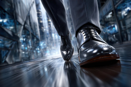 A well-dressed individual strides purposefully across a modern, reflective surface in an urban environment.の素材