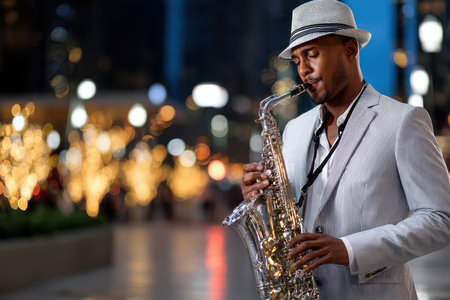 A talented saxophonist plays soulful music in a vibrant city square, surrounded by glowing lights at night.の素材