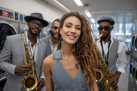 A talented musician smiles while surrounded by saxophonists in a vibrant laundromat, enjoying a live music moment.の素材