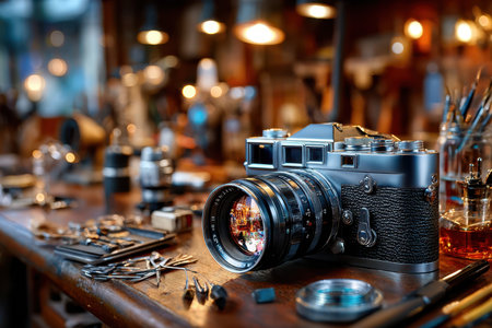 A vintage camera sits on a workbench surrounded by tools in a softly lit workshopの素材