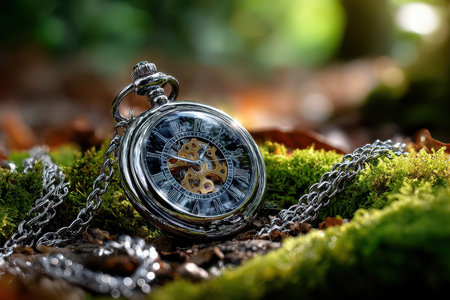 An antique pocket watch nestled in a bed of moss, with a soft morning light casting long shadows, shot with a macro lens, hinting at the passage of time forgotten in natureの素材