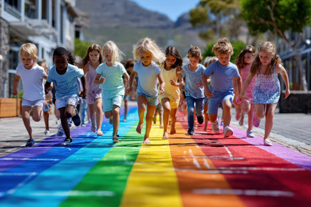 A group of children excitedly runs along a bright rainbow-colored pathway in a cheerful setting.の素材