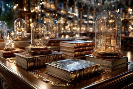 Antique books and glass domes containing miniature buildings displayed on a wooden tableの素材