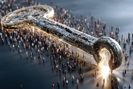 Crowds of people surround an enormous, intricate key glowing with light, representing access to new possibilities.の素材