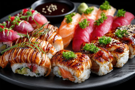 A variety of sushi arranged on a dark plateの素材