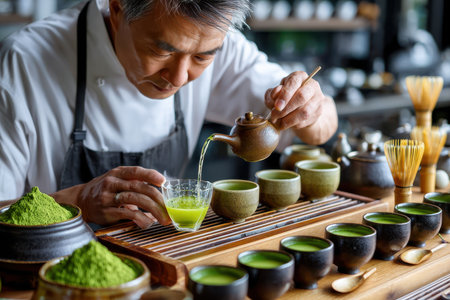 A skilled artisan pours matcha tea into a glass while preparing for a tea tasting session.の素材