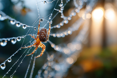 A detailed close-up of a dew-covered spider web in a misty forest, shot at dawn with a macro lens, with a spider unexpectedly capturing its preyの素材