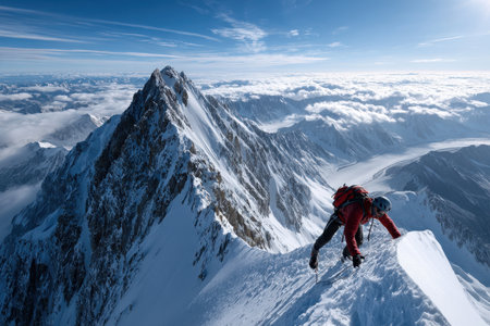 A climber ascends a snowy peak, showcasing determination against a stunning backdrop of mountains and clouds.の素材