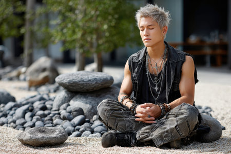 A young man sits cross-legged in a serene garden, meditating among rocks and greenery under sunlight.の素材