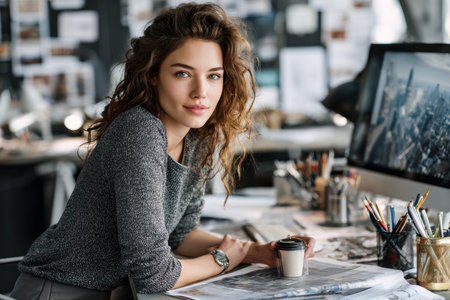 Young woman with curly hair smiles while holding a coffee cup in a stylish workspace filled with ideas.の素材