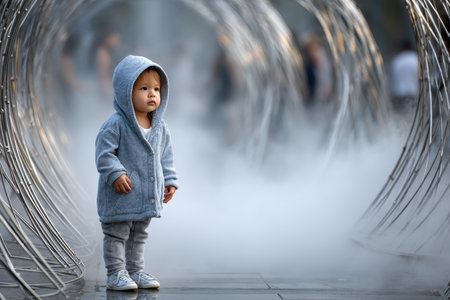 A young child dressed in a gray hoodie stands curiously amidst swirling mist near a metallic art piece.の素材