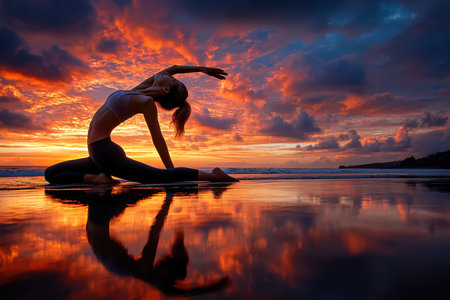 A person performs a yoga pose on the beach during sunset, surrounded by vibrant clouds and reflections.の素材