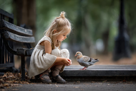 A girl on a park bench watches a bird approach, sparking curiosity and wonder.の素材