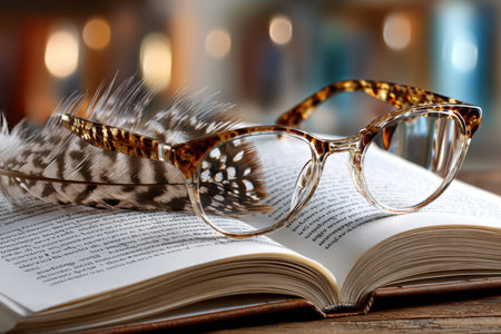 A pair of reading glasses on an open book, shot in a library setting with a scholarly mood, using a 35mm lens and soft, artificial light, with a feather bookmark in the pagesの素材