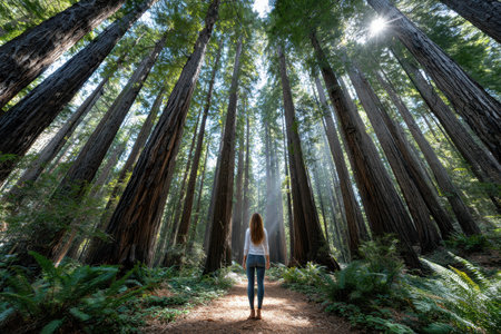 A person stands on a path in a redwood forest, surrounded by towering trees and soft sunlight filtering through leaves.の素材
