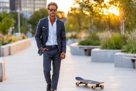 A man dressed in a sharp suit walks confidently past a skateboard during sunset in a modern park setting.の素材