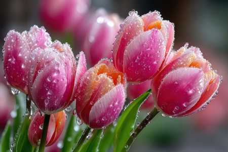 Closeup of pink and orange tulips covered in sparkling water dropletsの素材