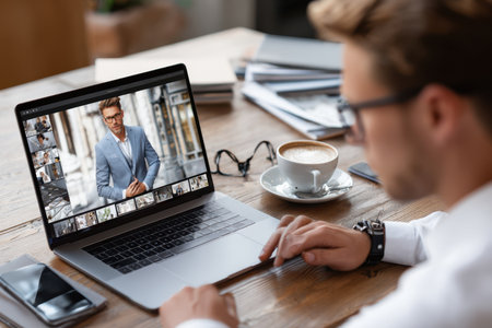 A professional man connects via video call on a laptop, sipping coffee in a stylish office setting.の素材