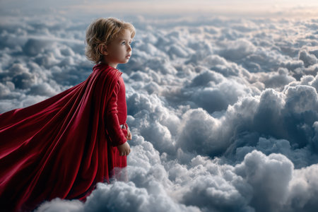 A young child in a red cape stands atop fluffy clouds, looking thoughtfully into the distance during sunset.の素材