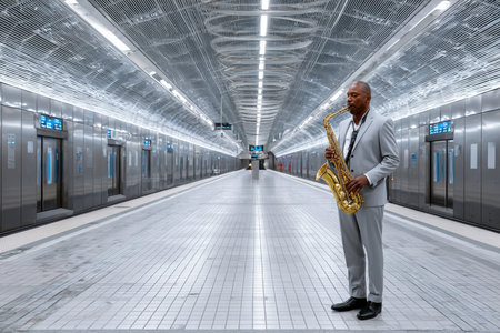 A man in a gray suit performs on a saxophone in an empty subway station, showcasing his talent.の素材