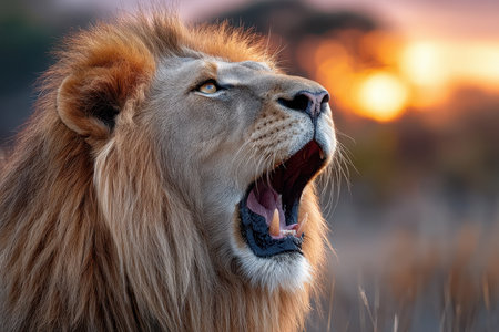 A roaring lion in the wild, at sunset, shot with a telephoto lens, capturing the raw power of natureの素材
