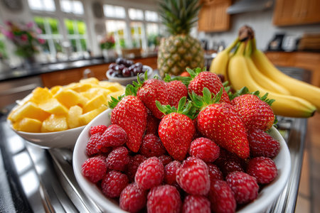 Assortment of fresh fruits arranged on a kitchen counterの素材